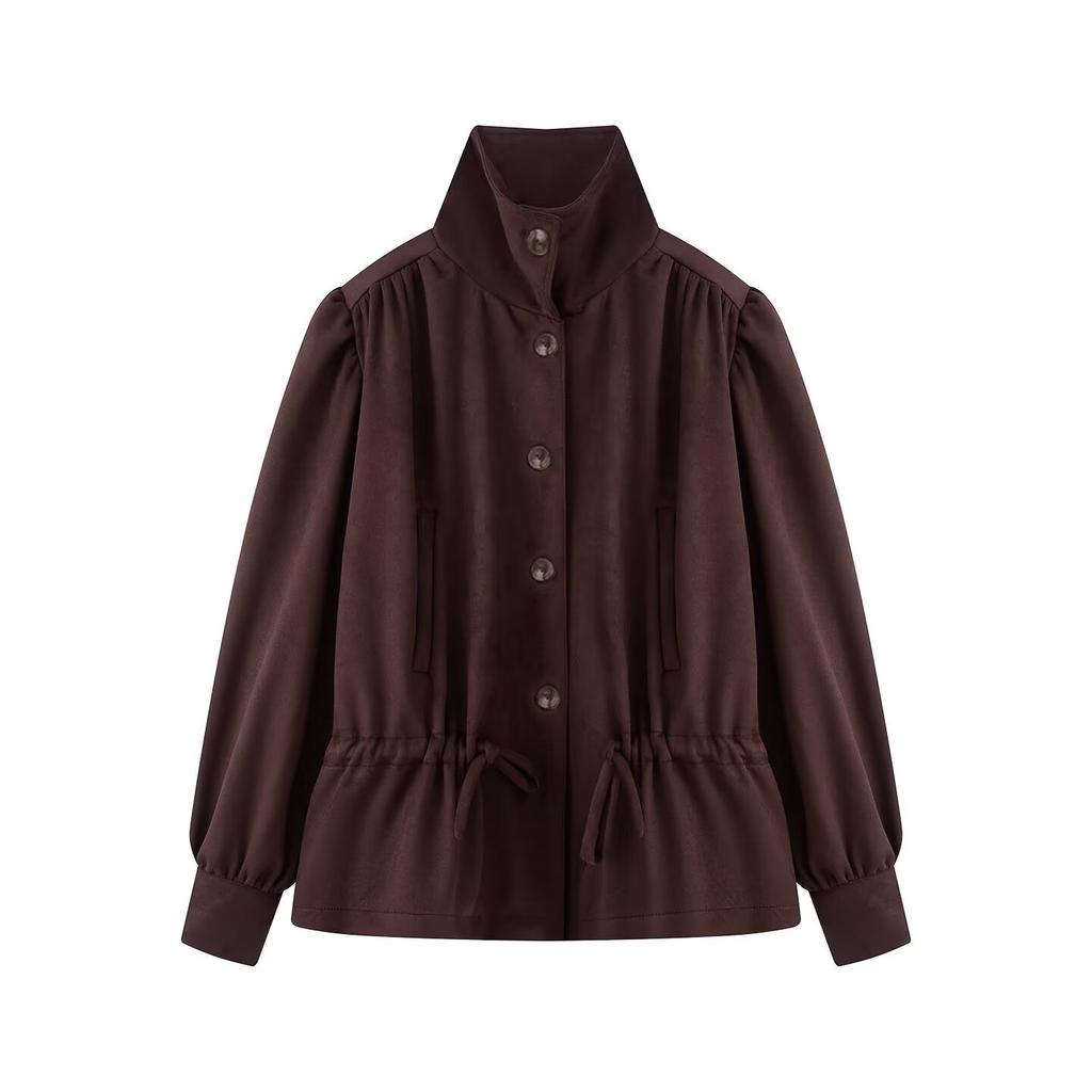 New European and American style stand-collar puff sleeve single-breasted fashionable short trench coat