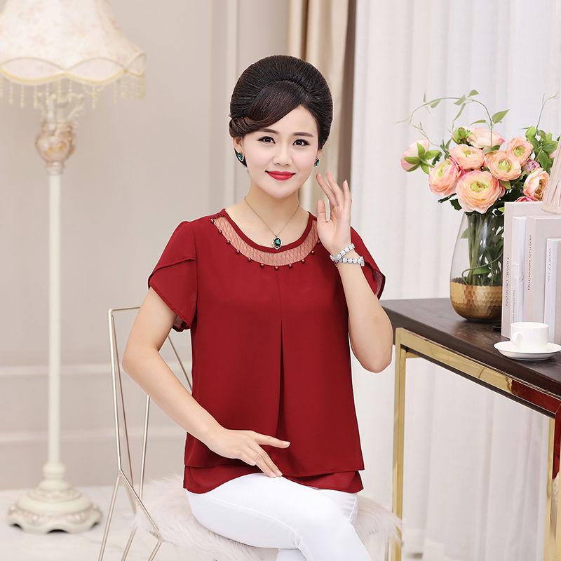 Damen T-Shirt Sommer Kurzarm Groß Chiffon Mode Rundhals Gaze Aushöhlen Patchwork Bluse Locker Mode Elegant Tops