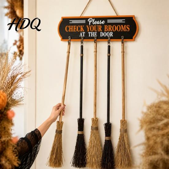 Seasonal Yard Sign Decor Halloween Broom Parking Sign Check Your Brooms Wooden Wall Hanging Witch Themed Door with Hooks for Indoor Outdoor