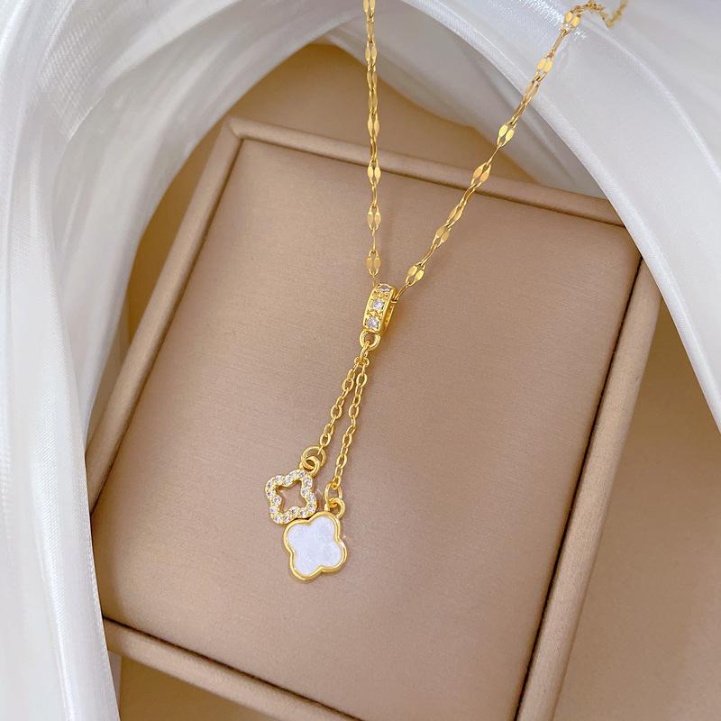 Light Luxury Double-Layer Lucky Flower Micro-Inlaid Real Gold Necklace Women'S Transfer Collarbone Chain With Jewelry