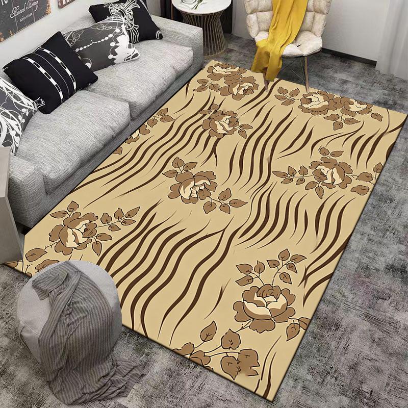 Floral Pattern Carpet with Beige and Brown Stripes for Home Decor Suitable for Use As an Anti-slip for Living Room Bedroom Sofas