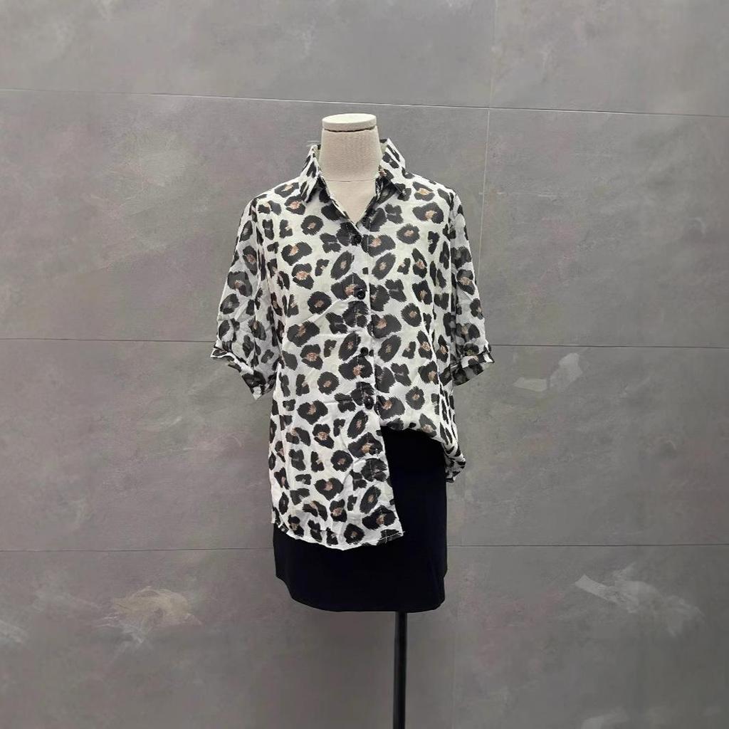 Leopard Print Retro Chiffon Shirt: Loose, Versatile, Short Sleeve Lapel Top for Women