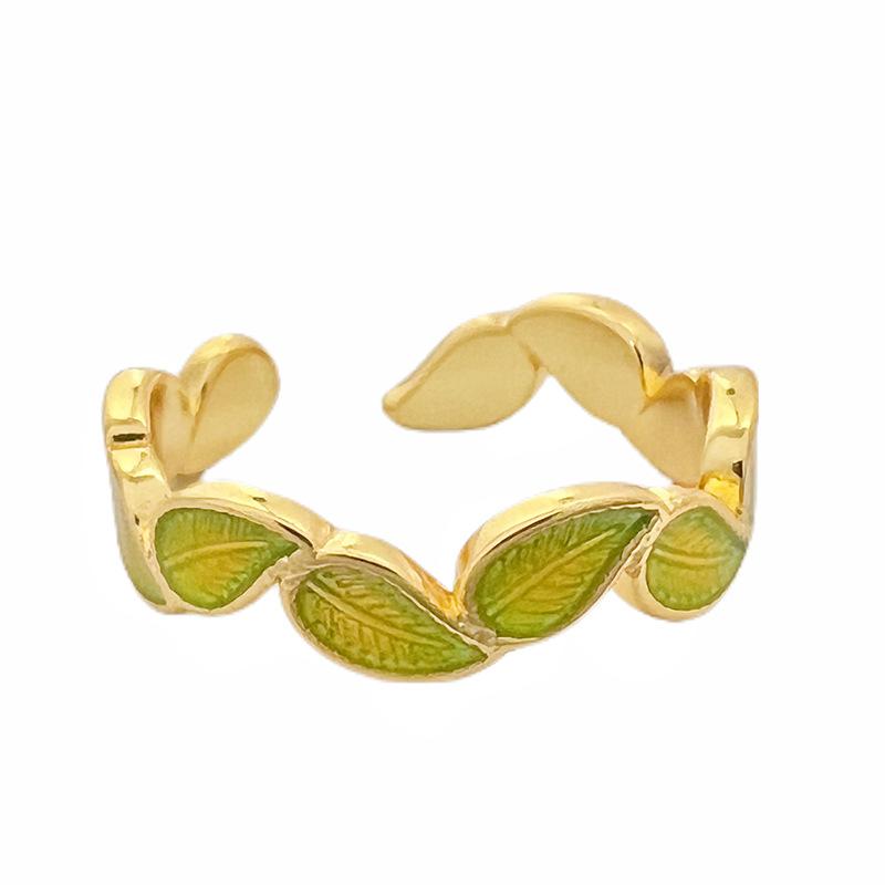Golden Branch Jade Leaf Enamel Gold Open Ring Women'S Personality Fashion High Sense Stripe Niche Design Ring