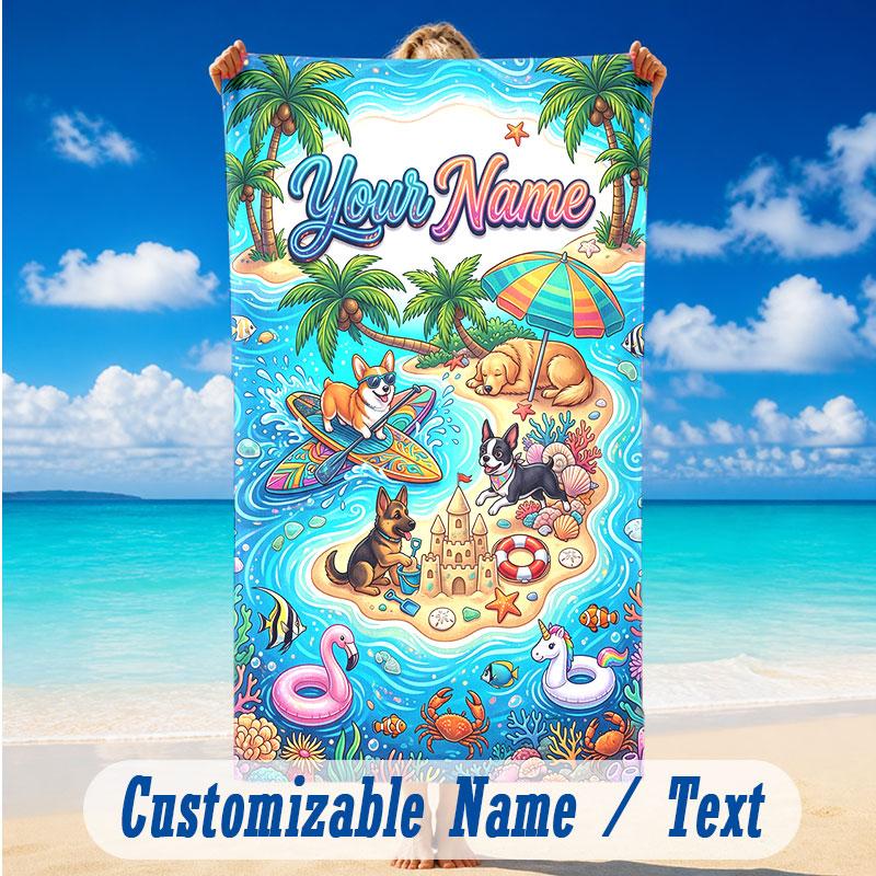 Dog Theme Beach Towel Personalized Custom Name & Text Soft Quick Dry Beach Towel for Swimming Travel