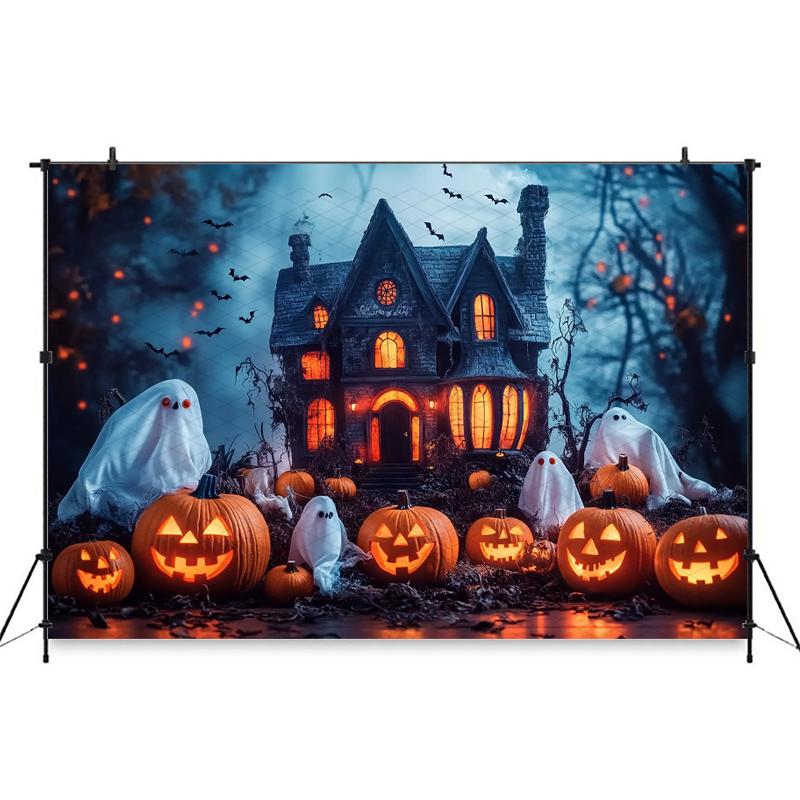 Mocsicka Halloween Photography Background House Castle Ghost Bat Autumn Leaf Pumpkin Party Decorations Photo Backdrops Wallpaper