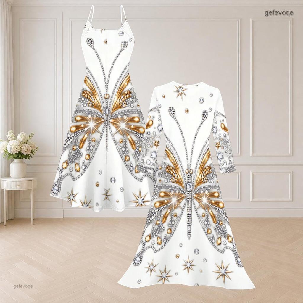 Women Plus Size Two Piece Set Black Blue Green Printed Strappy V Neck Flared Dress Long Sleeve Open Front Long Cardigan