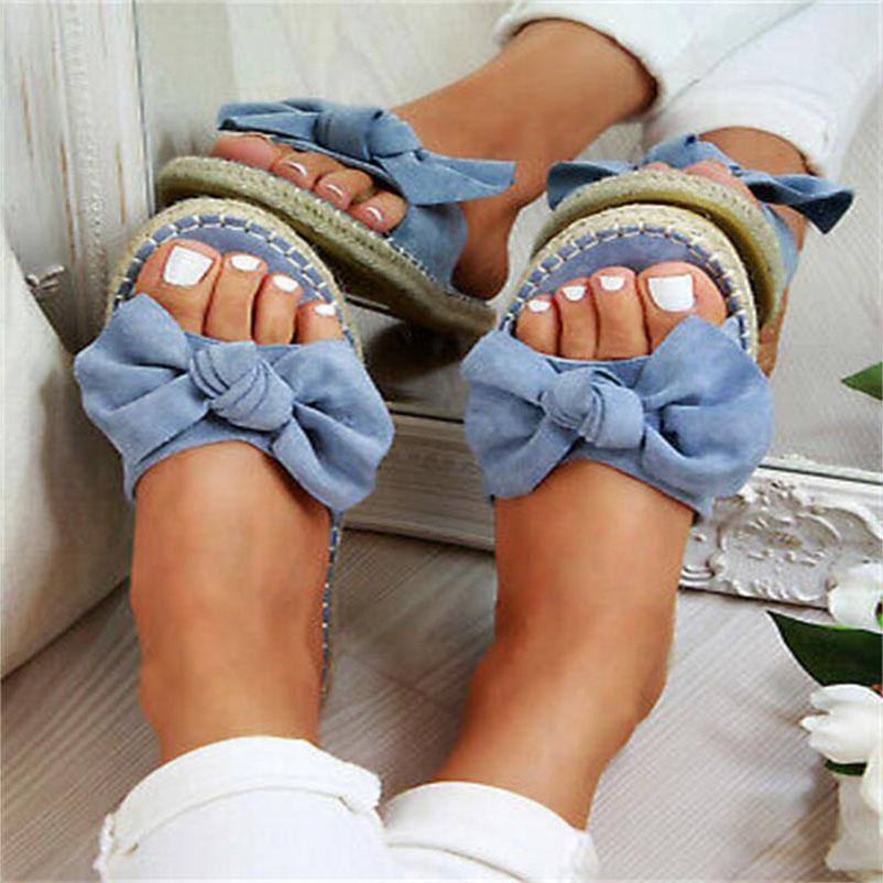 Elegant Women Slip On Sandals Bow Flat Mule Espadrille Shoes Summer Sliders