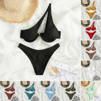 1Set Bikini Women's Solid-color One-shoulder  Tobikini Swimsuit