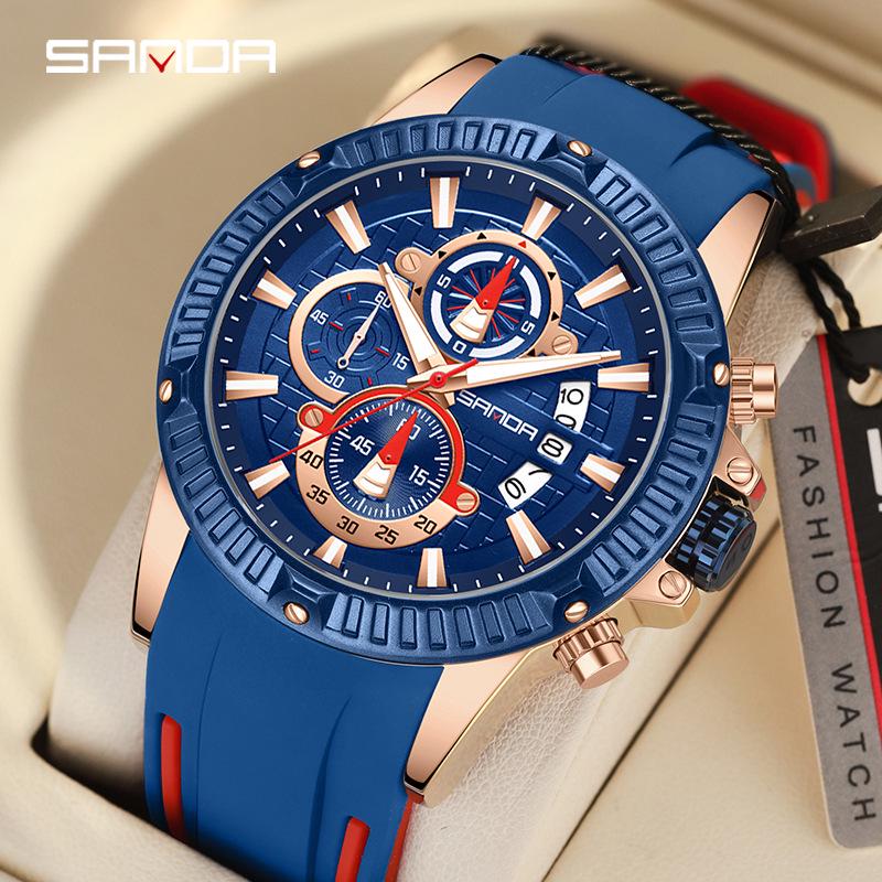 Sanda Men's Classic Quartz Wristwatch with Silicone Band, Three Sub-dials, Calendar & Luminous Markers.