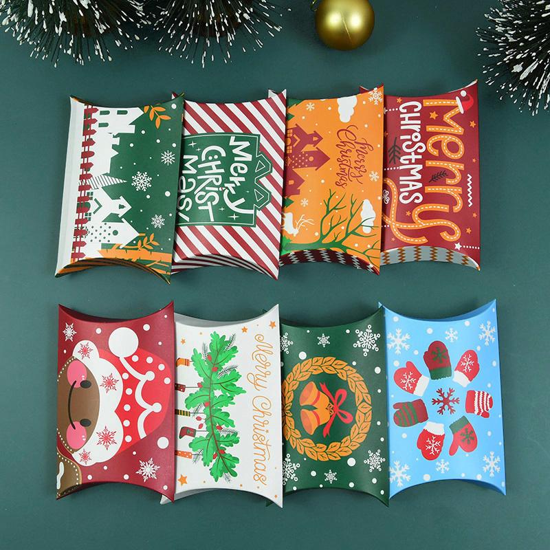 24/12pcs Christmas Pillow Shape Candy Box Merry Christmas Kraft Paper Gift Box Packging Kids Favors Happy New Year Navidad 2025