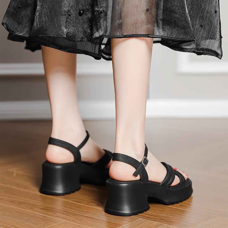 Not Tired Feet Increase Height, Soft Thick Bottom Summer New Wide Strip Cross Belt One-word Buckle Muffin Roman Sandals Women