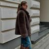 Faux Fox Fur Coats Women Solid Mid Length Jackets Lapel Collar Long Sleeve Furry Outerwear Thick Loose Casual  Autumn Winter