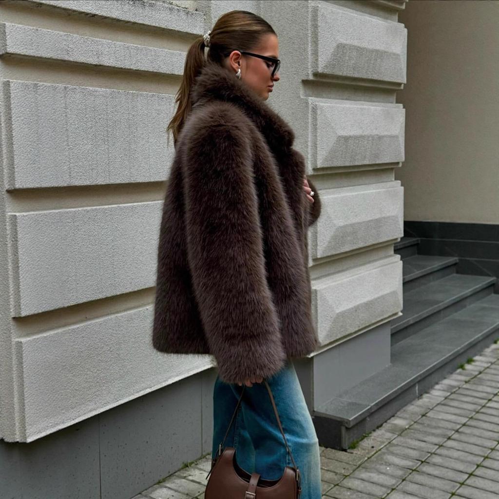 Faux Fox Fur Coats Women Solid Mid Length Jackets Lapel Collar Long Sleeve Furry Outerwear Thick Loose Casual  Autumn Winter