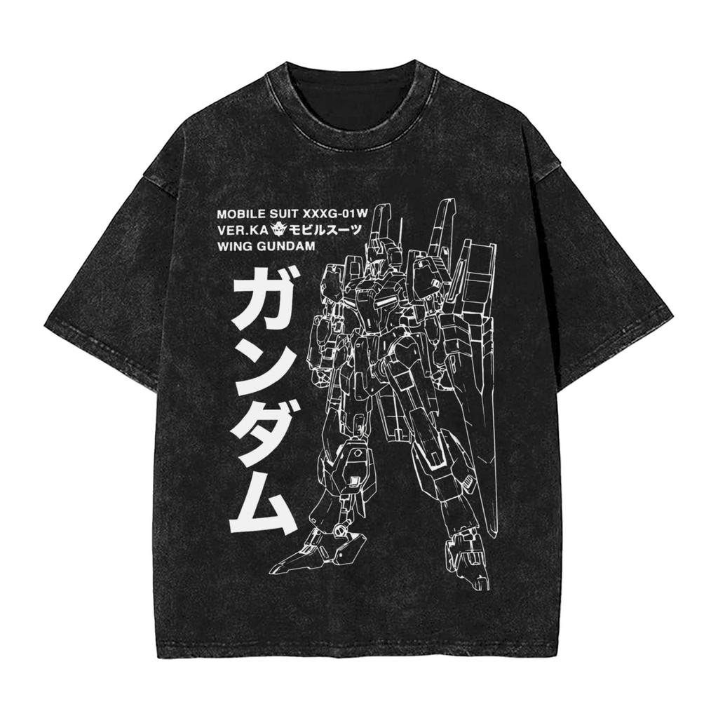 Harajuku Washed Shirts MOBILE SUIT GUNDAMs Manga Anime Merch Retro T Shirt Oversize Streetwear Cotton Tee Shirt
