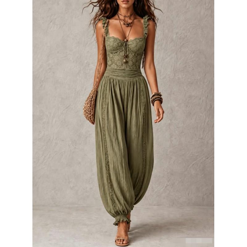 Womens Lace Trimmed Sleeveless Wide Leg
