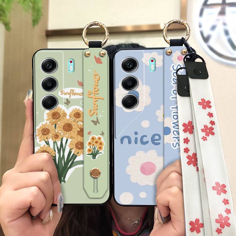 Durable Lanyard Phone Case For Tecno Camon40 Pro 4G/5G/CM6/CM7 Waterproof Back Cover Oil Painting Ring Silicone Flower