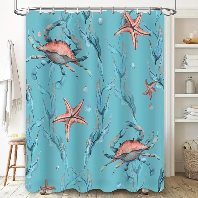 Underwater World Bath Shower Curtain Crabs Starfish Print Blue Waterproof Fabric Curtains for Bathroom Decor Home Accessories