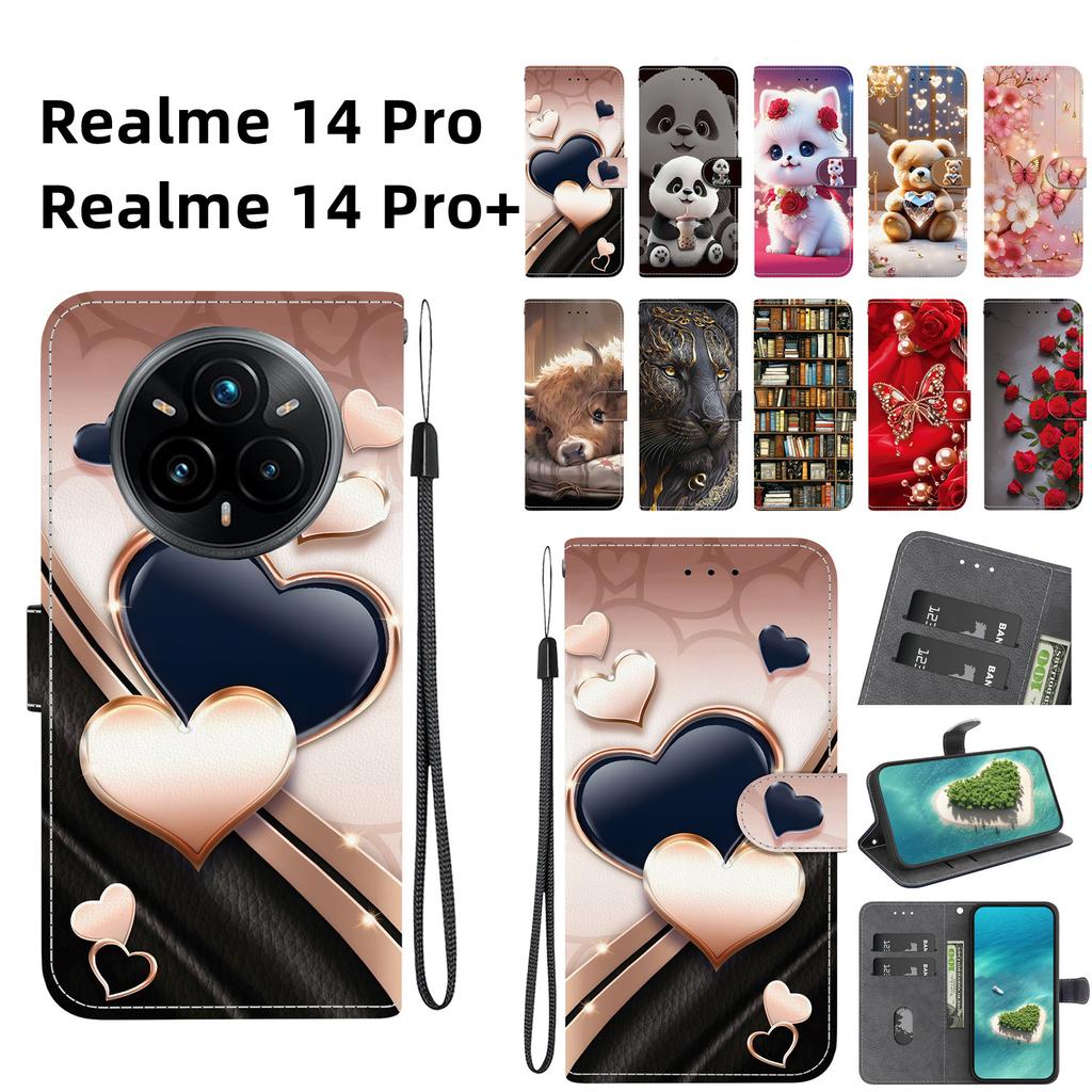 Handmade PU Leather Flip Case for Realme 14 Pro / Realme 14 Pro+ Anti-Slip Shockproof Cover with Wrist Strap & Heart/Rose Cat Designs