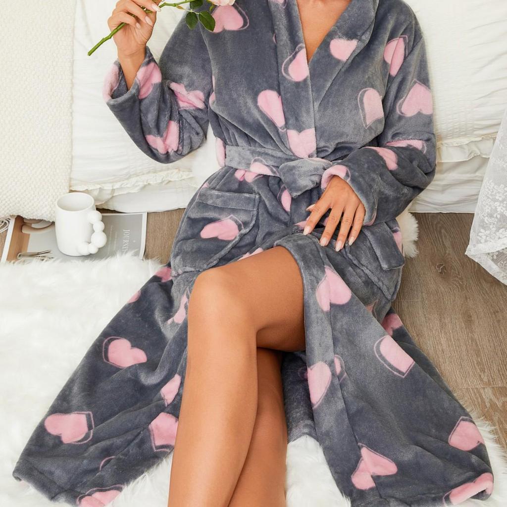 Women's Pineapple Grid Flannel Bathrobe - Warm Winter Long Sleeve Nightdress
