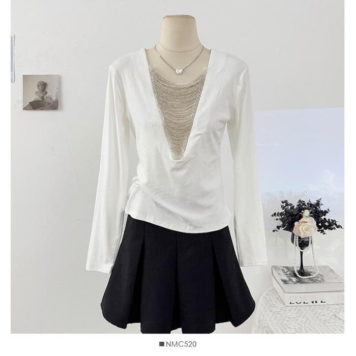 V-Neck Brushed Cotton Long-Sleeve Slim Fit Shiny T-Shirt for Women - Chic & Sexy XL белый