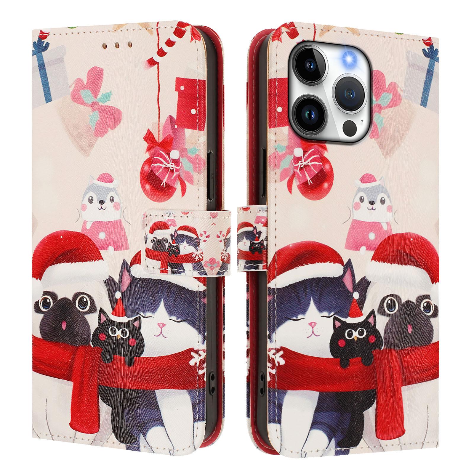 

For iPhone 16 Pro Max Wallet Case Christmas Pattern Printing Leather Phone Cover with Lanyard Christmas Animals