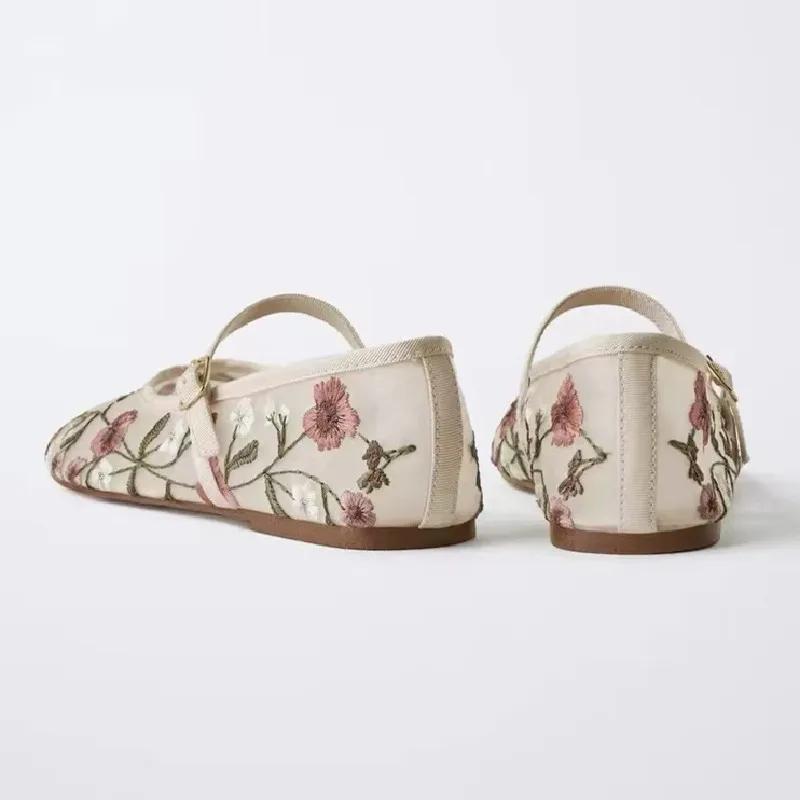 Mode Elegante Blumen Bestickt Marken Ballerinas Damen Atmungsaktives Mesh-Design Mary Jane Schuhe Leichte Bequeme Flache Sandalen