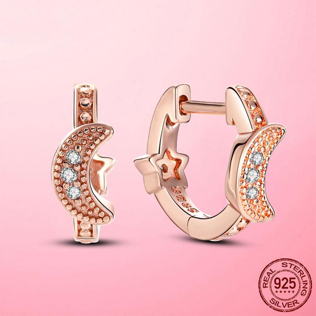 925 Sterling Silver Moon & Stars Beaded Stud Earrings for Women Clear Cubic Zircon Earring Stud Fine Jewelry Gift