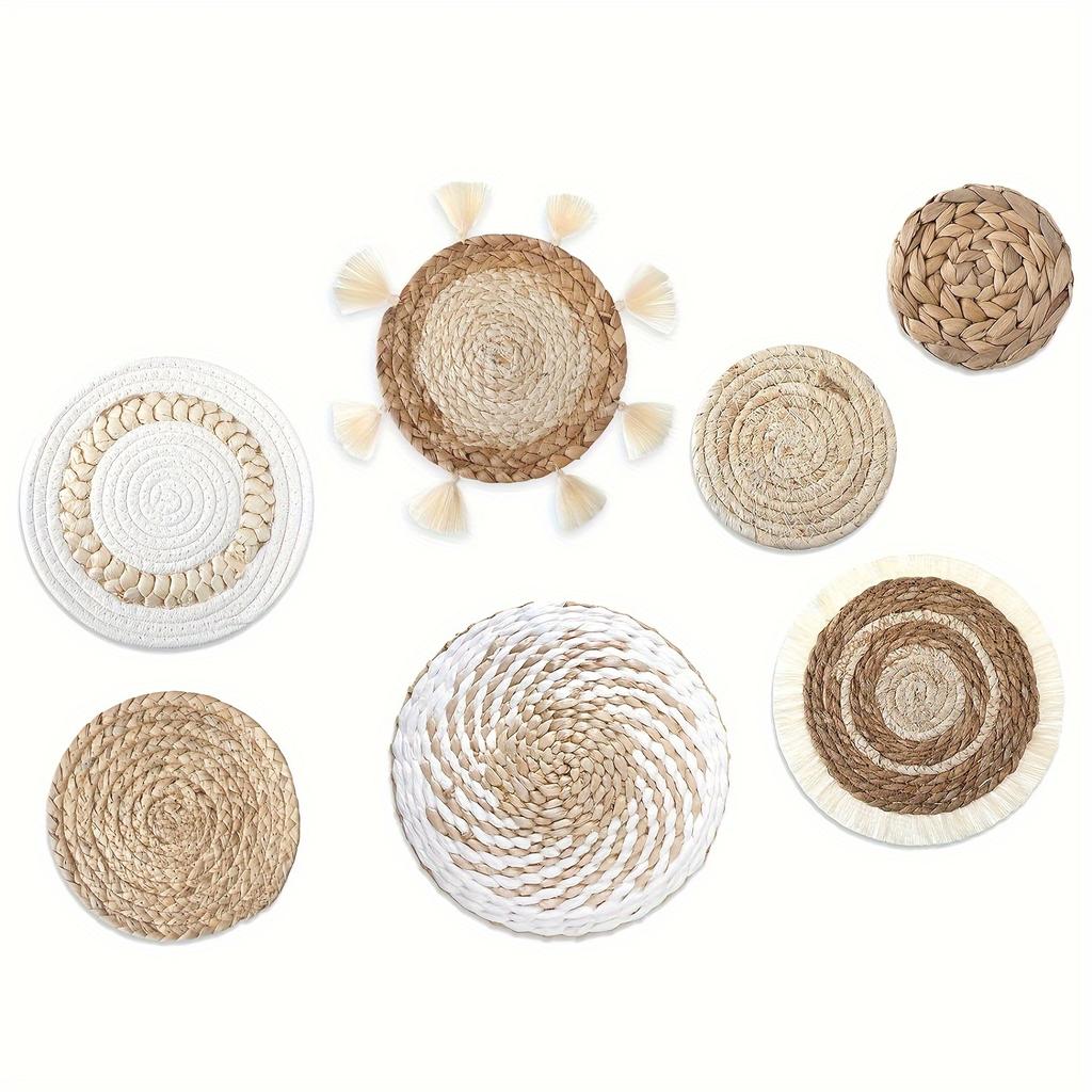 7pcs Decorative Wicker Wall Decor Round Hand Hanging Rustic Flat Wall Art for Farmhouse Living Room Bedroom Display Kitchen Home