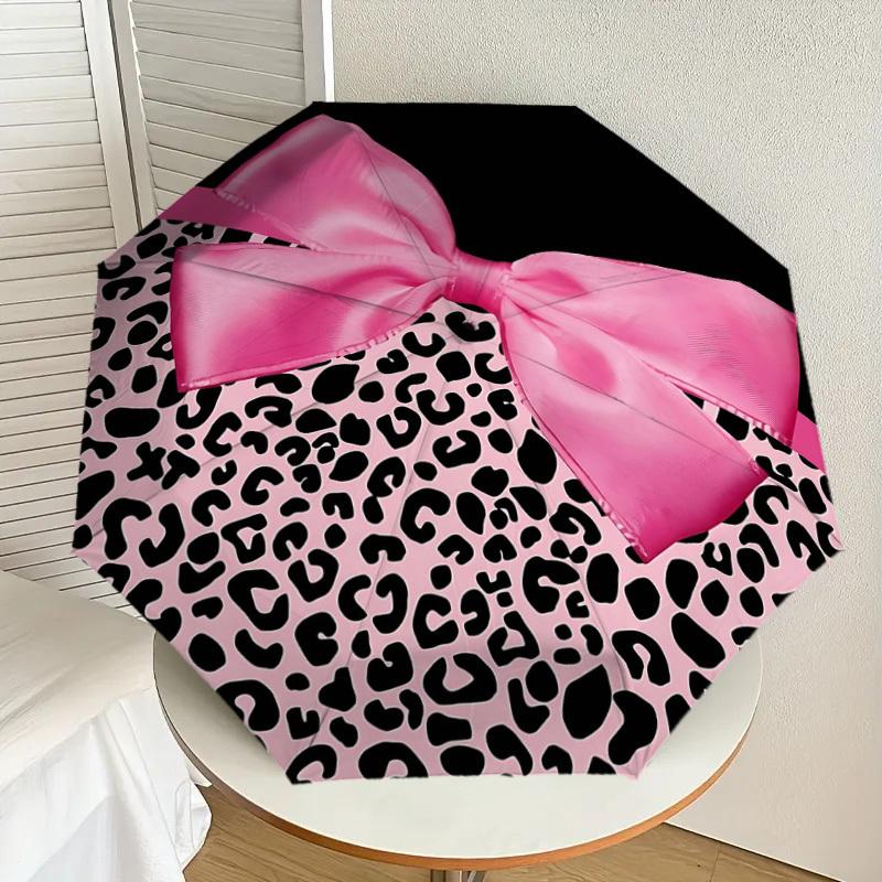 1PC Pink Leopard Print Bow Umbrella-8-Rib Reinforced, Automatic Open, Lightweight & Durable, Fashion Accessory for Outdoor, H0365