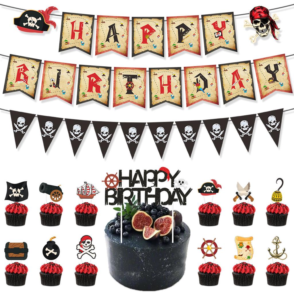 Pirate Theme Party Decoration Boy Birthday Flag Cake Card Balloon Set Customization
