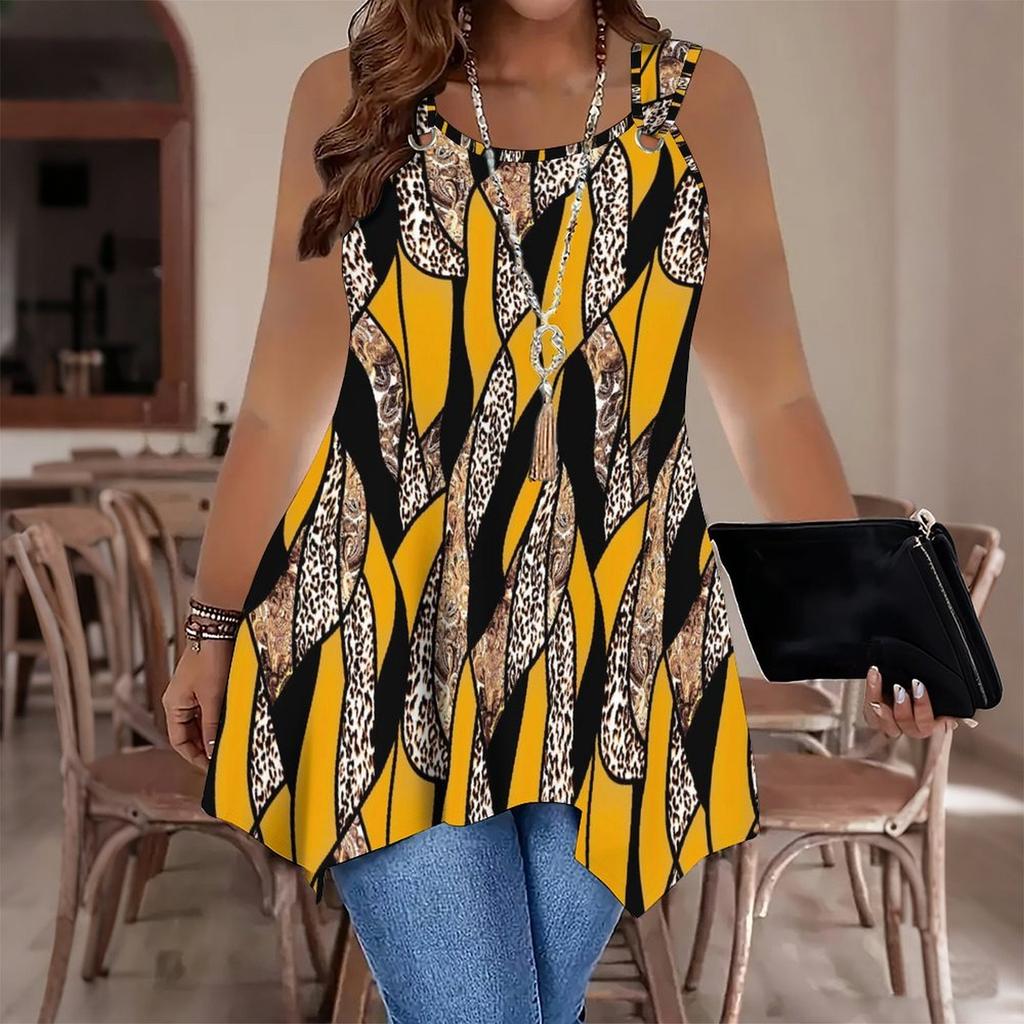 Women's Fashionable Casual Sports Double-ring Vest, Large-sized Tank Vest with Geometry Printed Patterns, Irregular Hem, Elegant and Simple