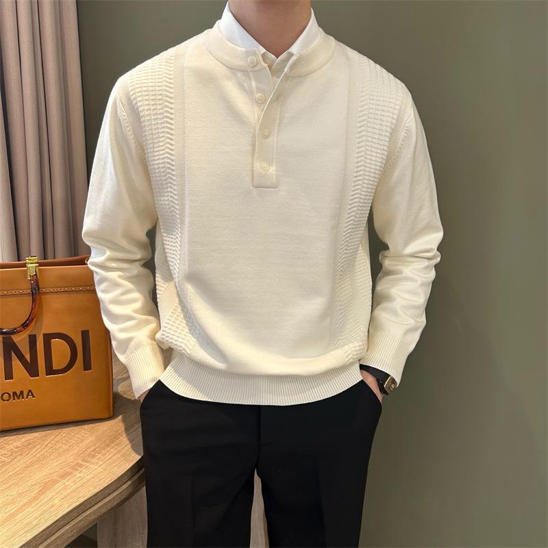 Men's Henley Neck Long Sleeve Knit Sweater: Lightweight British Style for Autumn/Winter