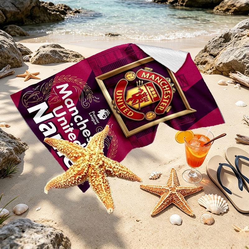 Custom Name Personalized Manchester United Print Beach Towel, for Trip Camping Beach Party Home Decor, Birthday Gift for Family & Friends