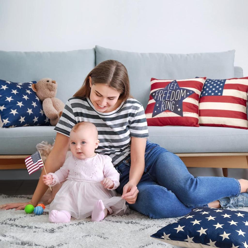 DUZXLCQ 4th of July Decorations Pillow Covers 18x18 inch Set of 4 Independence Day Patriotic Throw Pillow Case n Flag Stars and Stripes Cushion Case