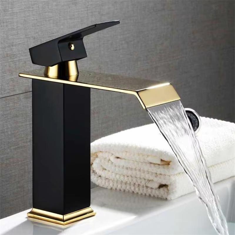 Basin Faucet Gold and Black Waterfall Faucet Brass Bathroom Faucet Bathroom Basin Faucet Mixer Tap Hot and Cold Sink Faucet