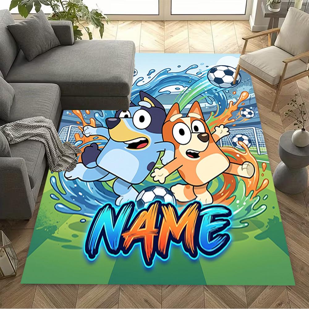 Bluey Soccer Adventure Customizable Name Area Rug Design for Playrooms Kitchen Entryway Outdoor Antislip Carpet Anime Office Decor