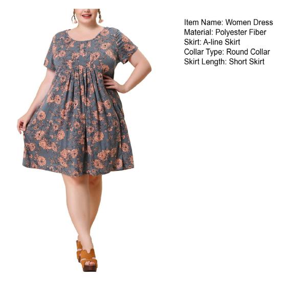 Women Dress Round Neck Short Sleeve Pleated Detail Short Dress Floral Print Flowy Hem Loose Fit Dress Plus Size