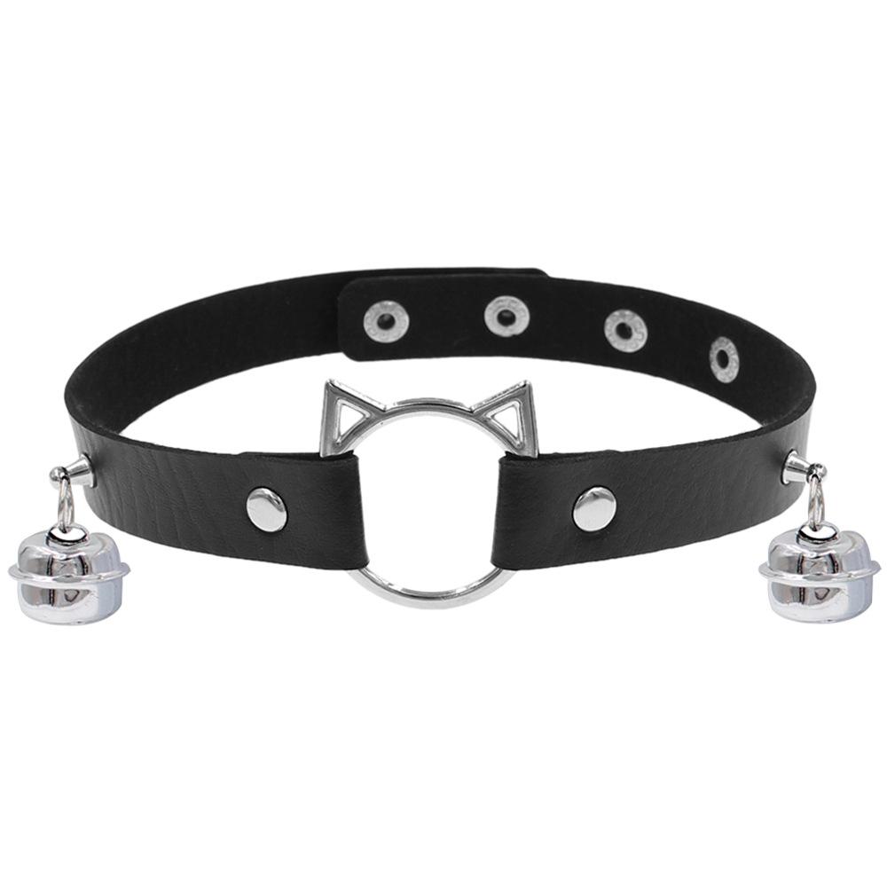 Eco-friendly PU Leather European and American Cartoon Cat Head Bell Collar Dark Punk Wind Choker Necklace Necklace Female