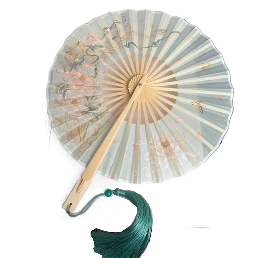 

Elegant Handmade Round Bamboo Fan Portable Handheld Collapsible Hand Fan Lightweight Tassel Dance Fan Lady s
