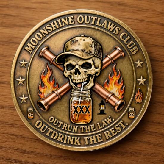 Moonshine Outlaws Club Collectible Coin Double-Sided Vintage Metal Drinking Skull Souvenir Coin Collectors Keepsake Token Gift