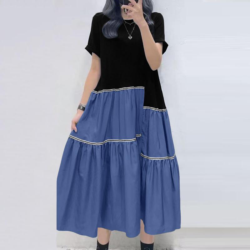 

ZANZEA Женское летнее лоскутное свободное повседневное платье с коротким рукавом XL синий