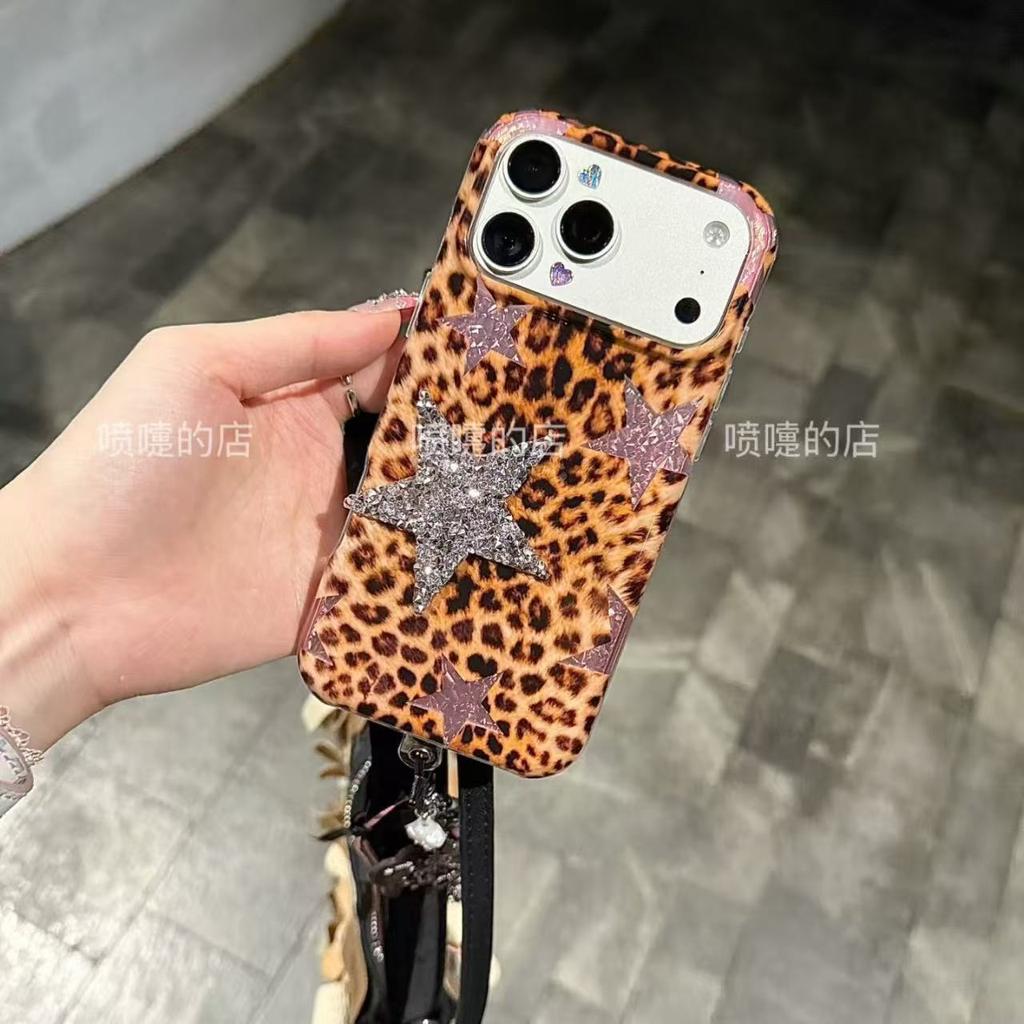 Y2k flash diamond star millennium ancient leopard print suitable for apple 17promax mobile phone case iphone16/15 pendant