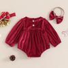 Newborn Baby Girls Romper Christmas Clothes Solid Color Round Neck Long Sleeve Velvet Jumpsuits with Headband Xmas Outfits