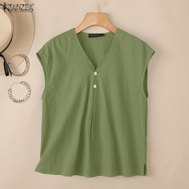 ZANZEA Women Casual V-Neck Solid Color Sleeveless Cotton Tank Tops