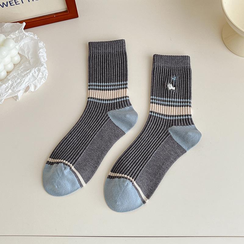 Greyish-blue Striped Women's Mid-calf Socks for Autumn and Winter, Warm, Thick and Cute Lace Trendy Long Calf Socks