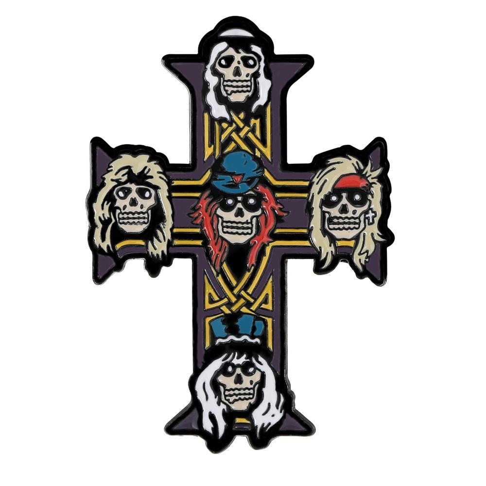 7Styles Hip Hop Gun Roses Theme Enamel Brooches Skull Cross Guitar Tape Shaped Music Pins