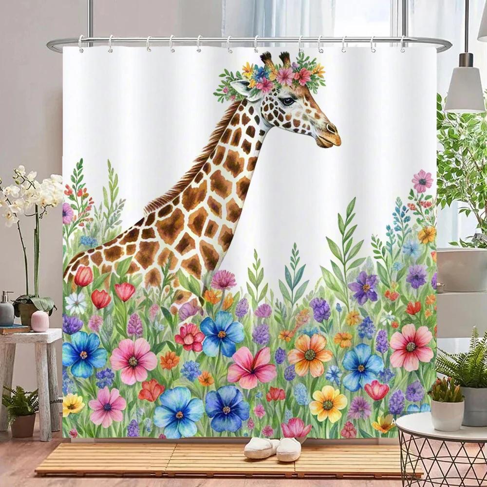 Lovely Floral & Animal Print Shower Curtain with Hooks, Water-Repellent Privacy Screen  Quick To Hang & Machine-Washable