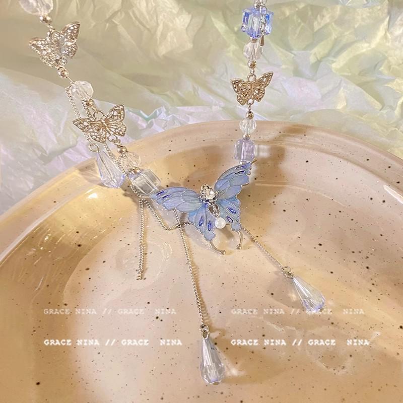 2025 Light Luxury Blue Crystal Butterfly Necklace for Women – Elegant Clavicle Chain Accessory