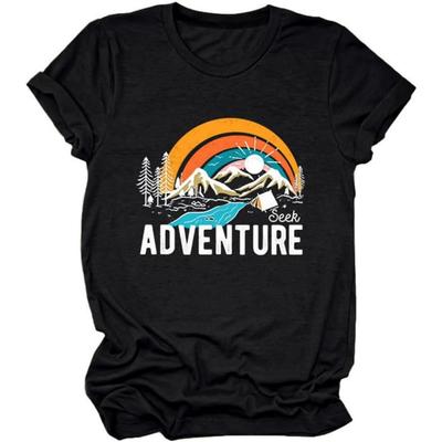 Abenteuer Shirt Retro Bergwandern T-Shirt Damen Lustig Natur Grafik Tee Kurzarm Outdoor Oberteil Camping T-Shirt, Schwarz, Groß