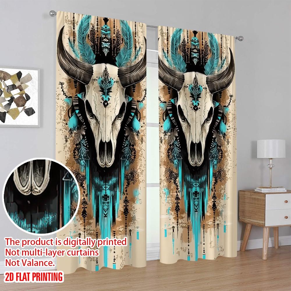 2Pcs Bohemian Chic Gemstone Cow Skull Print Curtains Vintage Medieval Style Easy Hang Rod Pocket Design Living Room